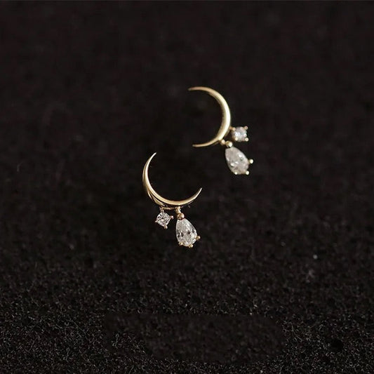 Crescent Moon Crystal Studs - Gold Plated Sterling Silver
