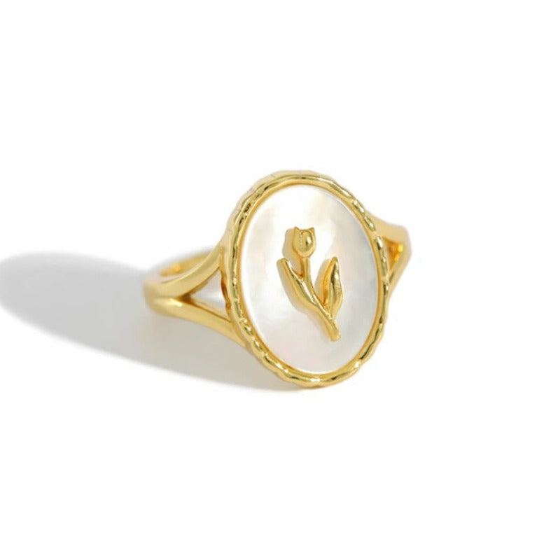 Mother of Pearl Tulip Signet Ring - Gold Plated Sterling Silver